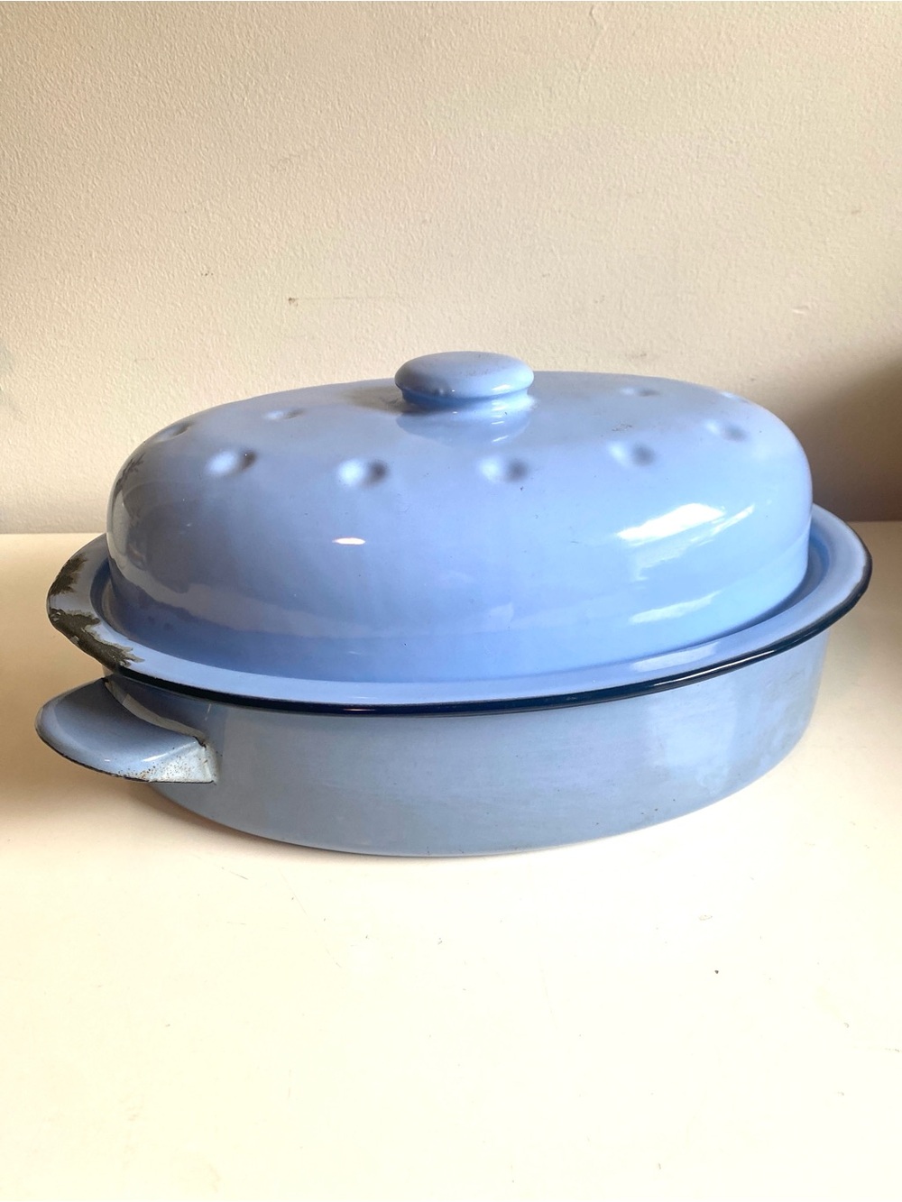 Vintage Blue Ceramic Roasting Pan with Lid